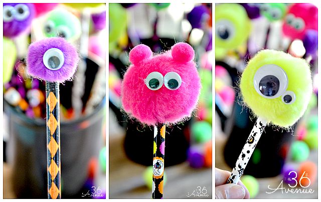 These These googly-eyed monster pencil toppers make fun Halloween crafts for kids