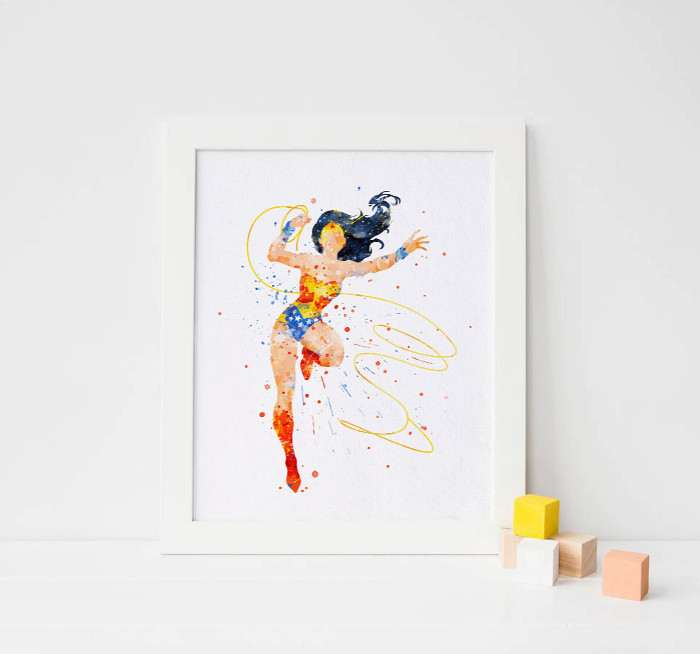 Wonder woman wall print in stunning watercolor - inspirational wall art for girls rooms | kidslovethisstuff.com