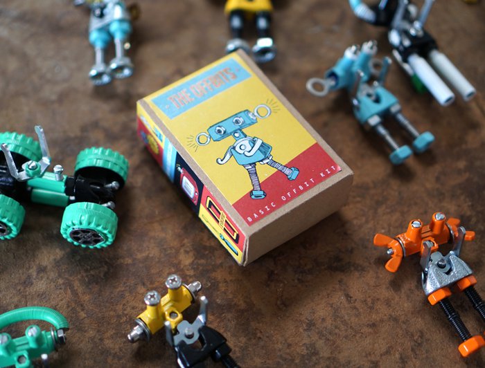 The Offbits transform household junk into cool geeky little robots and in the process, teach kids about the wonders of up-cycling. Each OFFBITS kit is presented in a cool matchbox like this...