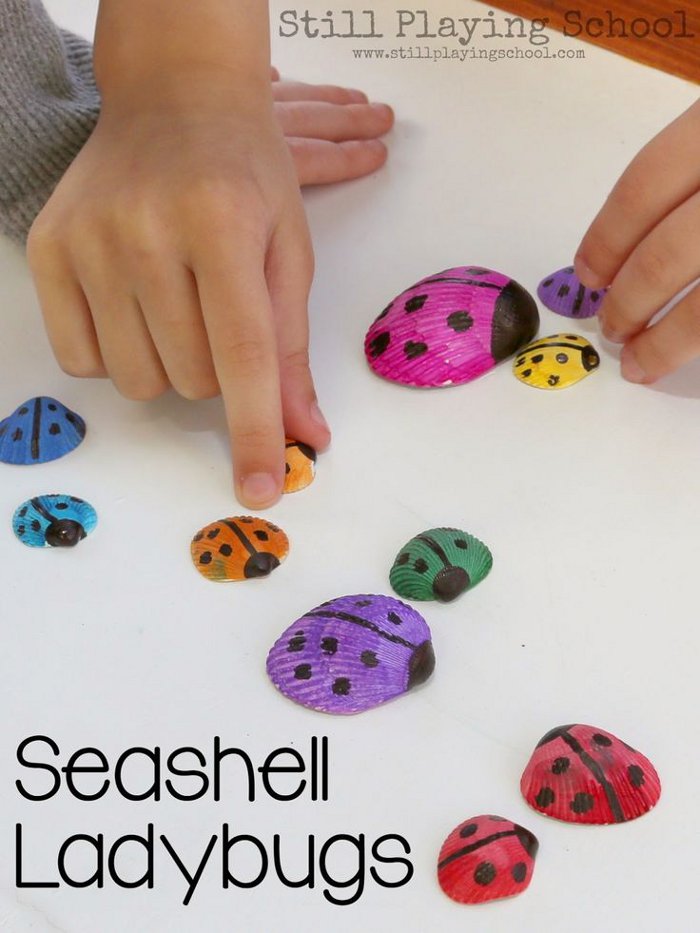 Insect and Bug Crafts Ideas: Transform sea shells into ladybugs. Find more cute craft ideas for preschoolers here...