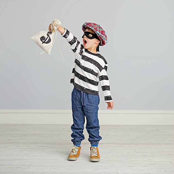 Dress up ideas for kids: This adorable bandit costume comes with mask, stripey shirt, cap and loot bag.