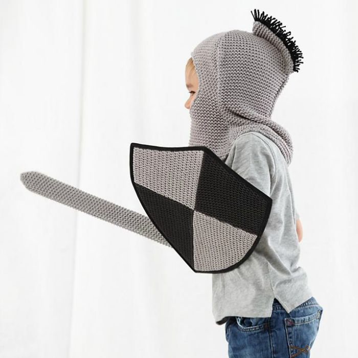 Dress up ideas for kids: Turn your little one into a knight in knitted armor. Comes with shield, helmet and trusty sword.