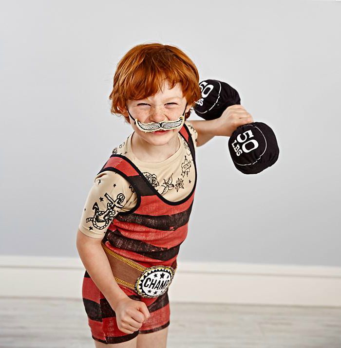 Dress up ideas for kids: Turn your little one into an old time weightlifting champ. 