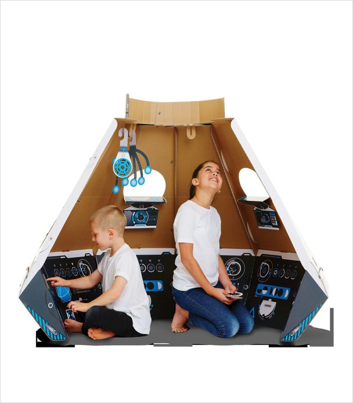 Makedo's cardboard space pod kit has realistic graphics to make the kids feel as though they're sitting in a real spacescraft