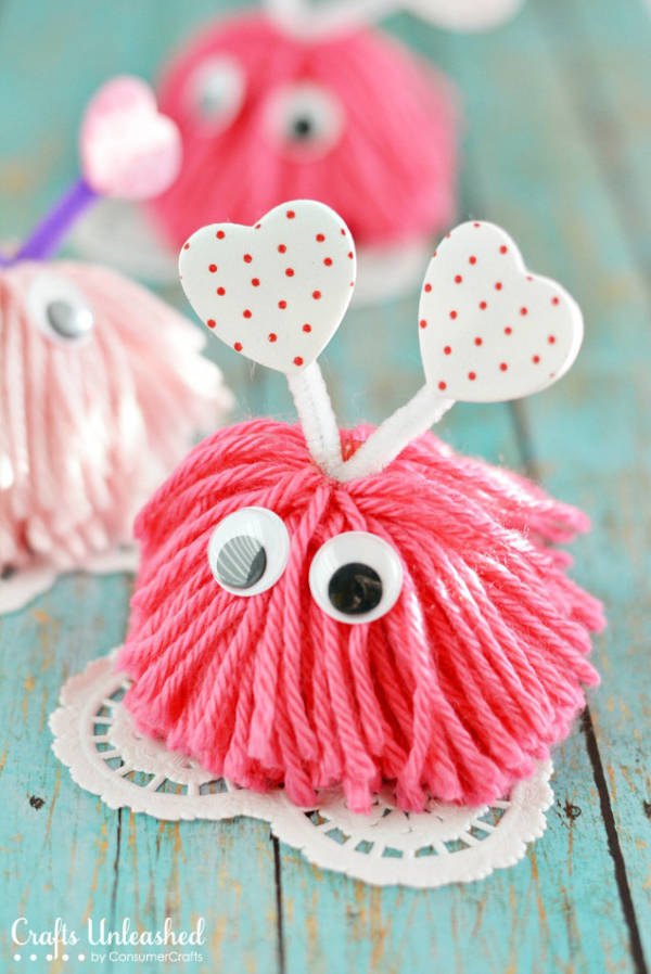 Valentine craft ideas for kids - pom pom valentine monsters
