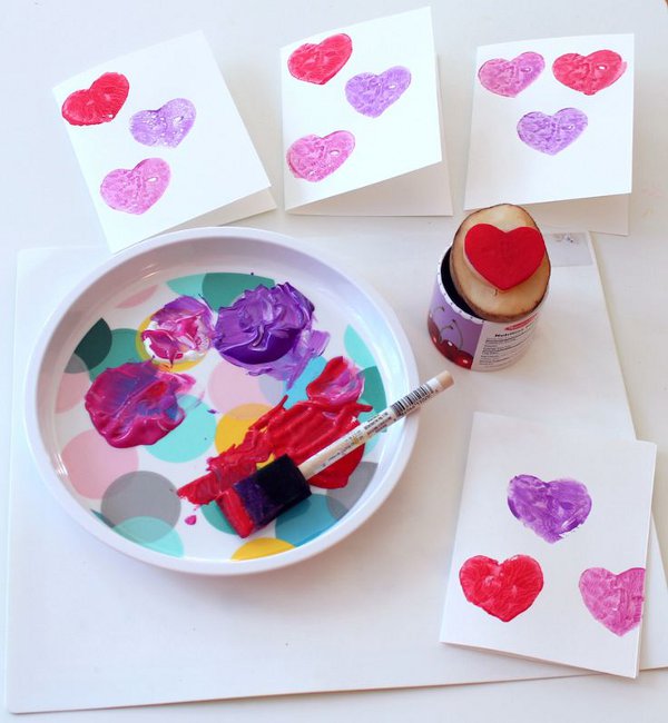 Valentine craft ideas for kids - potato stamped valentines card craft