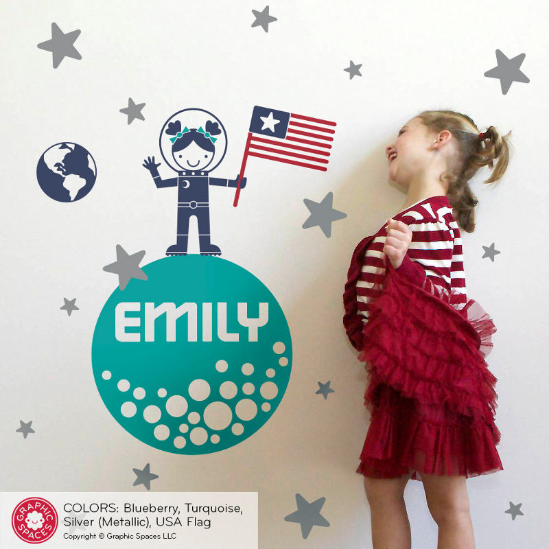 Space themed wall decals -Personalized moon walk decal