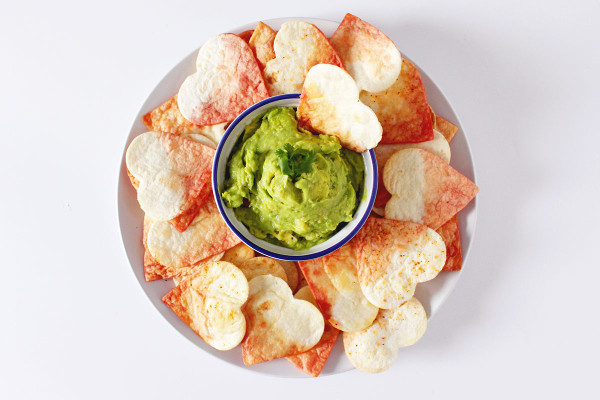 11 Heart Shaped Snacks and Treats Featuring Valentine's Dip Dye Heart Tortilla Chips (via Fish & Bull)