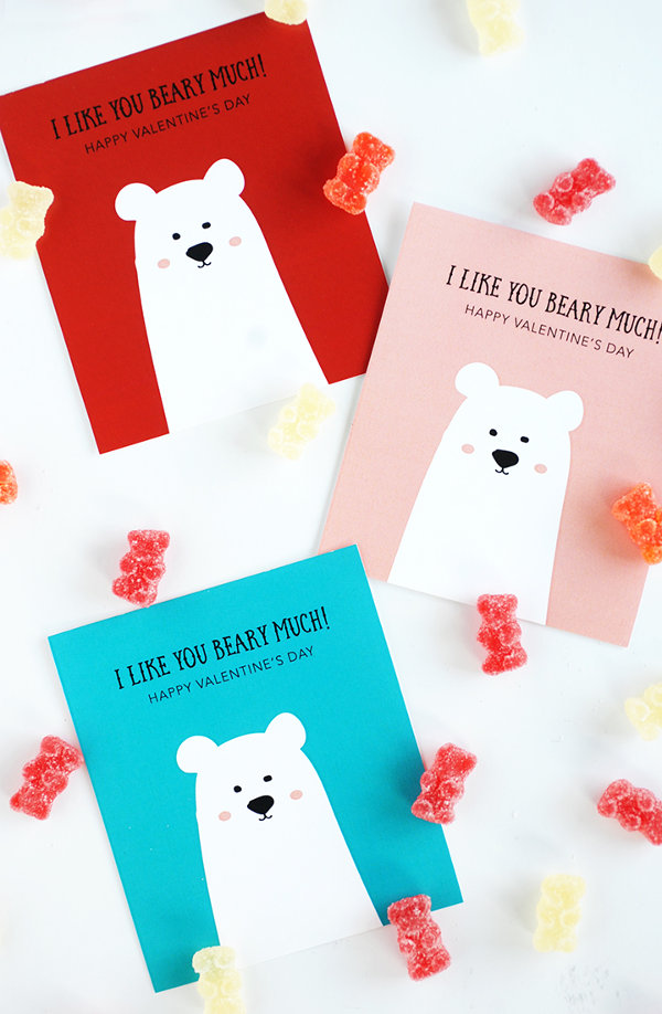 16 Last Minute Valentine Printables featuring 'I Like You Beary Much' Printable Card (via Alice and Lois)